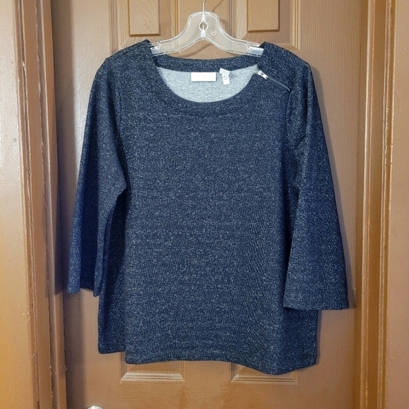 ❤️Chico's Weekend black silver metallic crewneck zipper detail 3/4 sleeve top - Picture 1 of 7